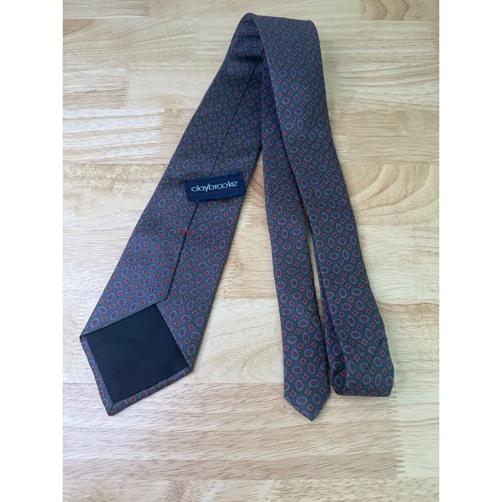 Claybrooke Men's 100% Silk Neck Tie Steel Blue Red Geometric